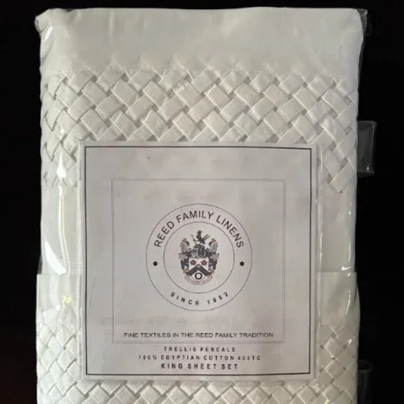 Reed Family Linens Trellis 100% REAL Egyptian Cotton 400TC King Sheet Set, White - Picture 1 of 3